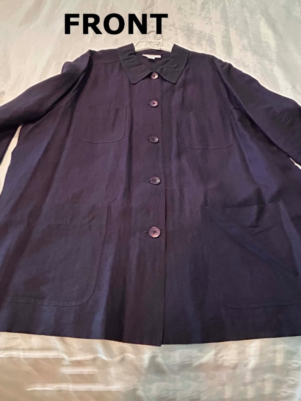 LINEN SHIRT JACKET, NAVY, SIZE 24, BUTTON FRONT, LONG SLEEVES, POCKETS, SIDE